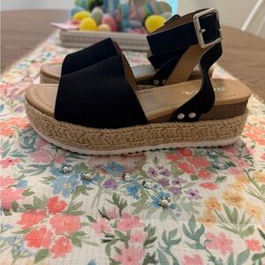 Soda Black Espadrille Platform Sandals with Ankle Buckle